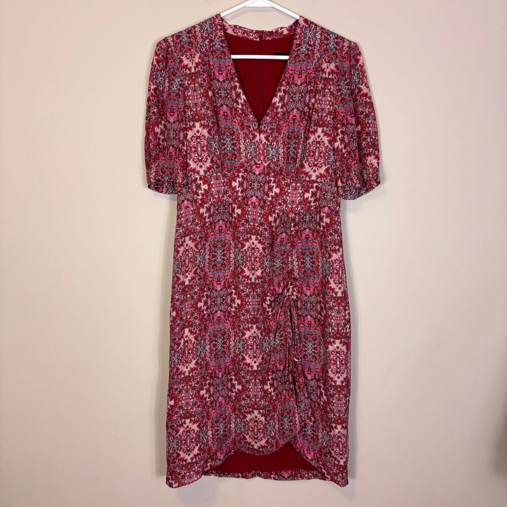 Nanette Lepore Red w/ Pink and Teal Floral Print V Neck Midi Short Sleeve Dress